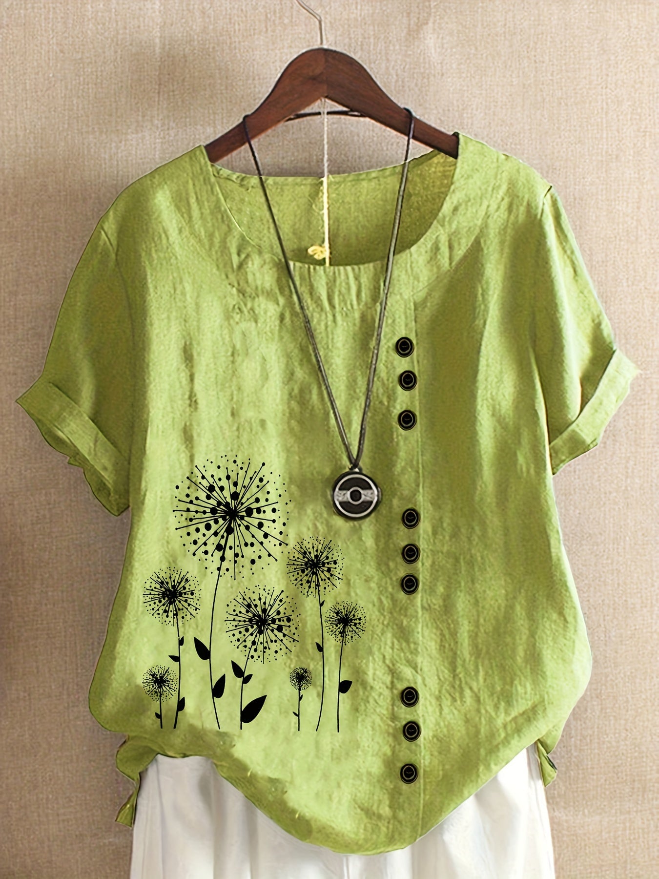 Plus Size, Women's Mint Green Floral Dandelion print Blouse - Loose Fit Plus Size Tops with Button-like details, Lightweight Non-Stretch Shirt for Everyday & Formal Outfits - Machine Washable Casual Women's Clothing, Seasonal Fashion, Round Neckline, Easy