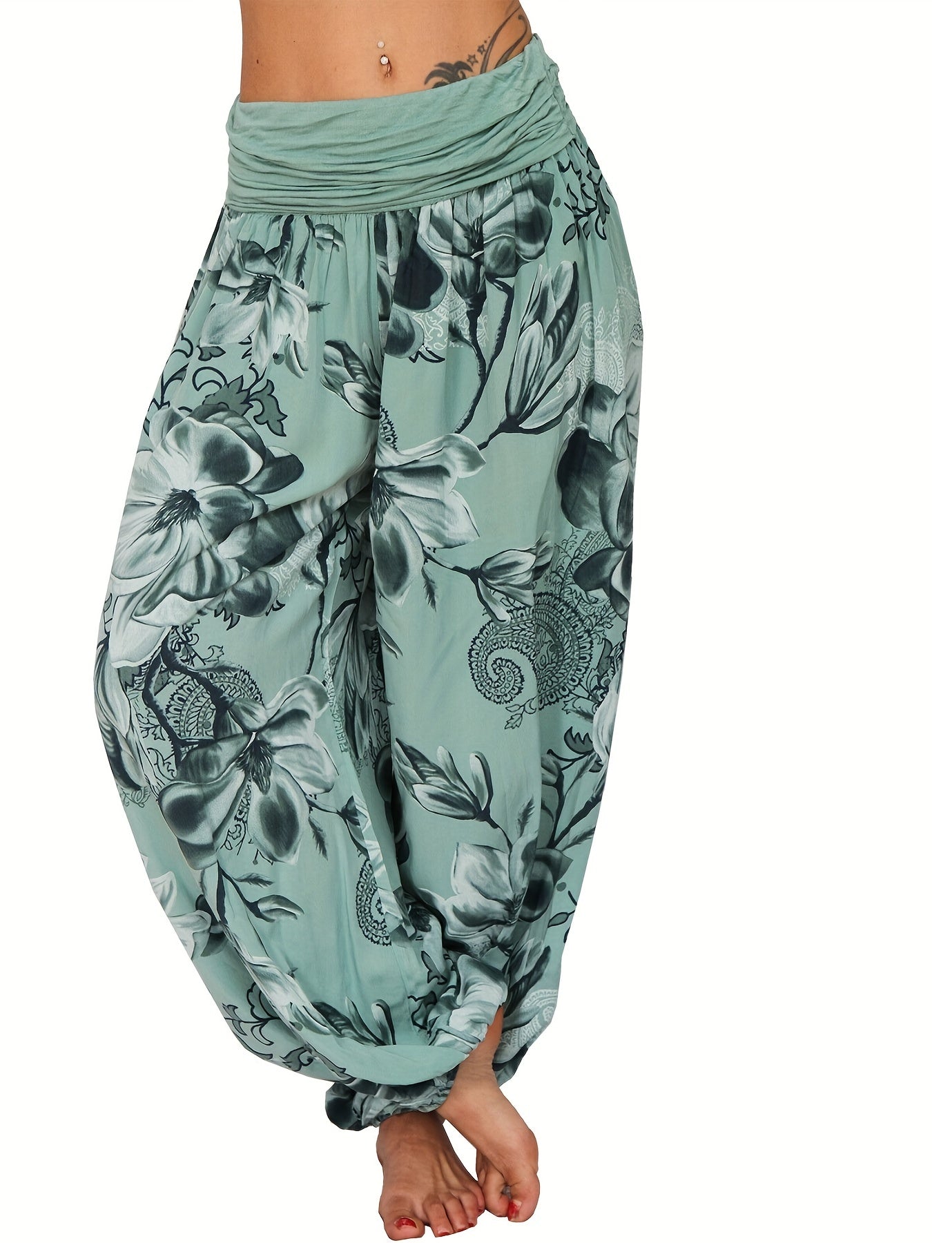 Women's Floral Print Harem Pants - Lightweight Polyester, Wide Leg, Casual Vacation Style, Blue and White Flowers, Relaxed Fit Pants|Vacation Style Pants|Machine Washable Fabric, Ladies Pants