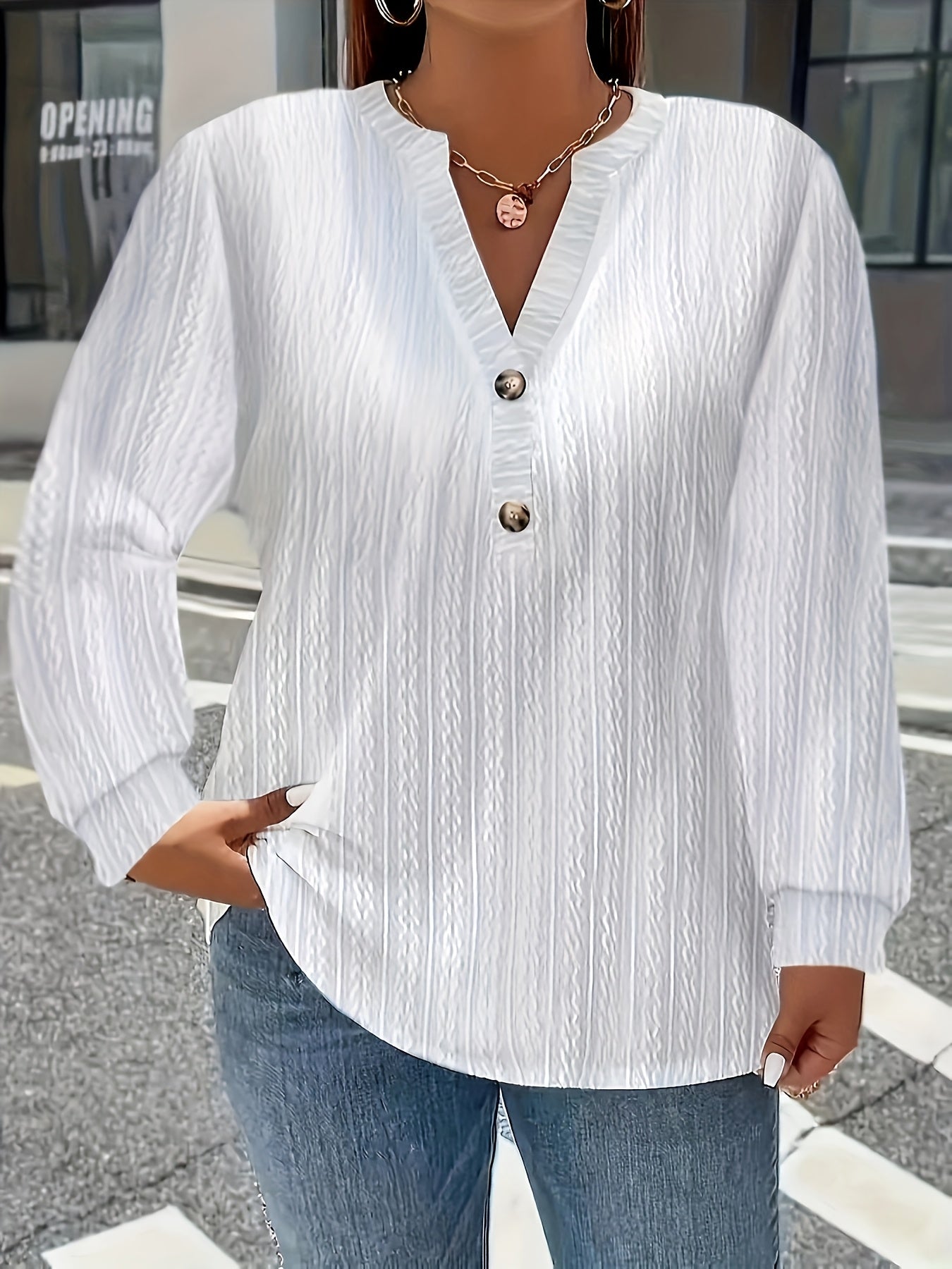 European And American Cross-Border Long-Sleeve Solid Color V-Neck Button T-Shirt Top