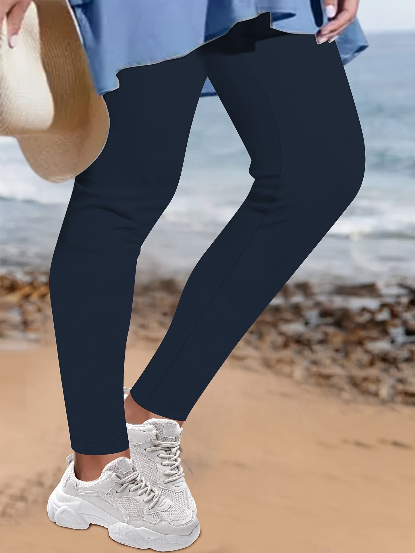 Plus Size Casual Pants, Women's Plus Solid Elastic High Rise High Stretch Skinny Trousers