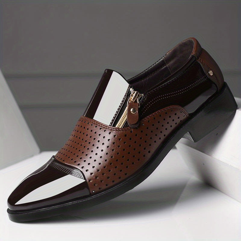 KJSOP Men's Glossy Brown Dress Shoes - British Style Sharp Pointed Toe Lace-like Zipper Closure, Glossy Polish, Comfortable PU Lining & Rubber Sole, Burgundy/Clear Toe & Black Trim - Business, Office, Semi-Formal Shoes for Men (Spring/Fall/Summer) - Burgu