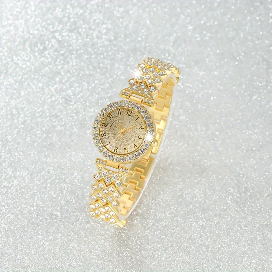 2pcs Elegant Rhinestone Watch Stainless Steel Fashion Minimalist Luxury Full Rhinestone Bracelet Quartz Watch Gifts for Eid