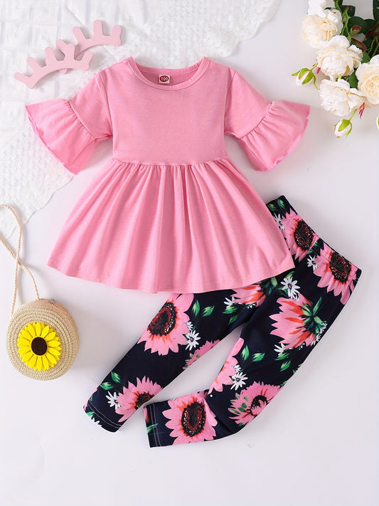 Girls' Floral Print Flared Sleeve Dress with Ruffled Hem & Elastic Waistband - Light Purple & Black Sunflower Design, Long Pants for Spring/Fall Casual Wear, Spring Fall Clothing, Comfortable Fit, for Outdoor
