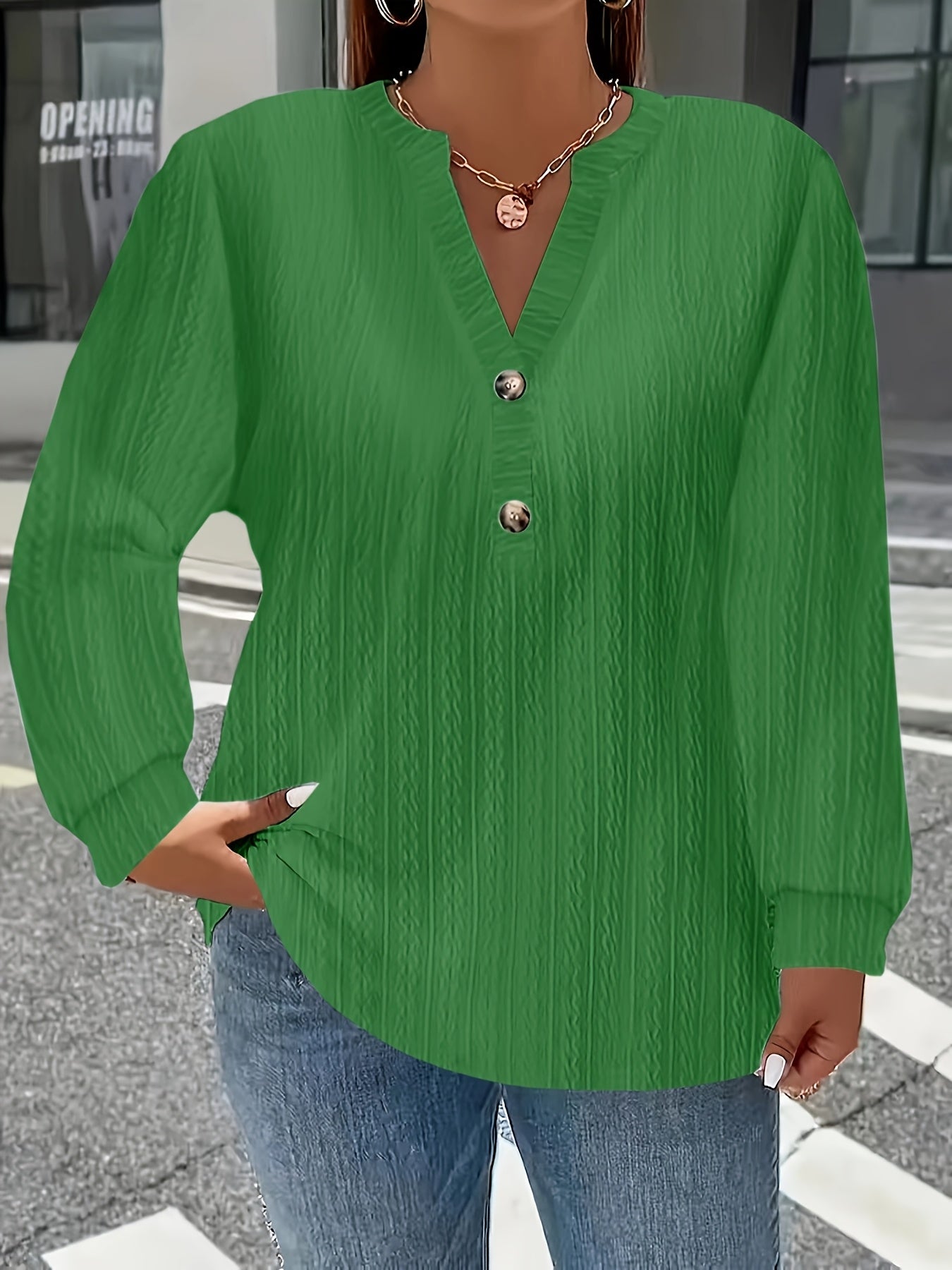 European And American Cross-Border Long-Sleeve Solid Color V-Neck Button T-Shirt Top