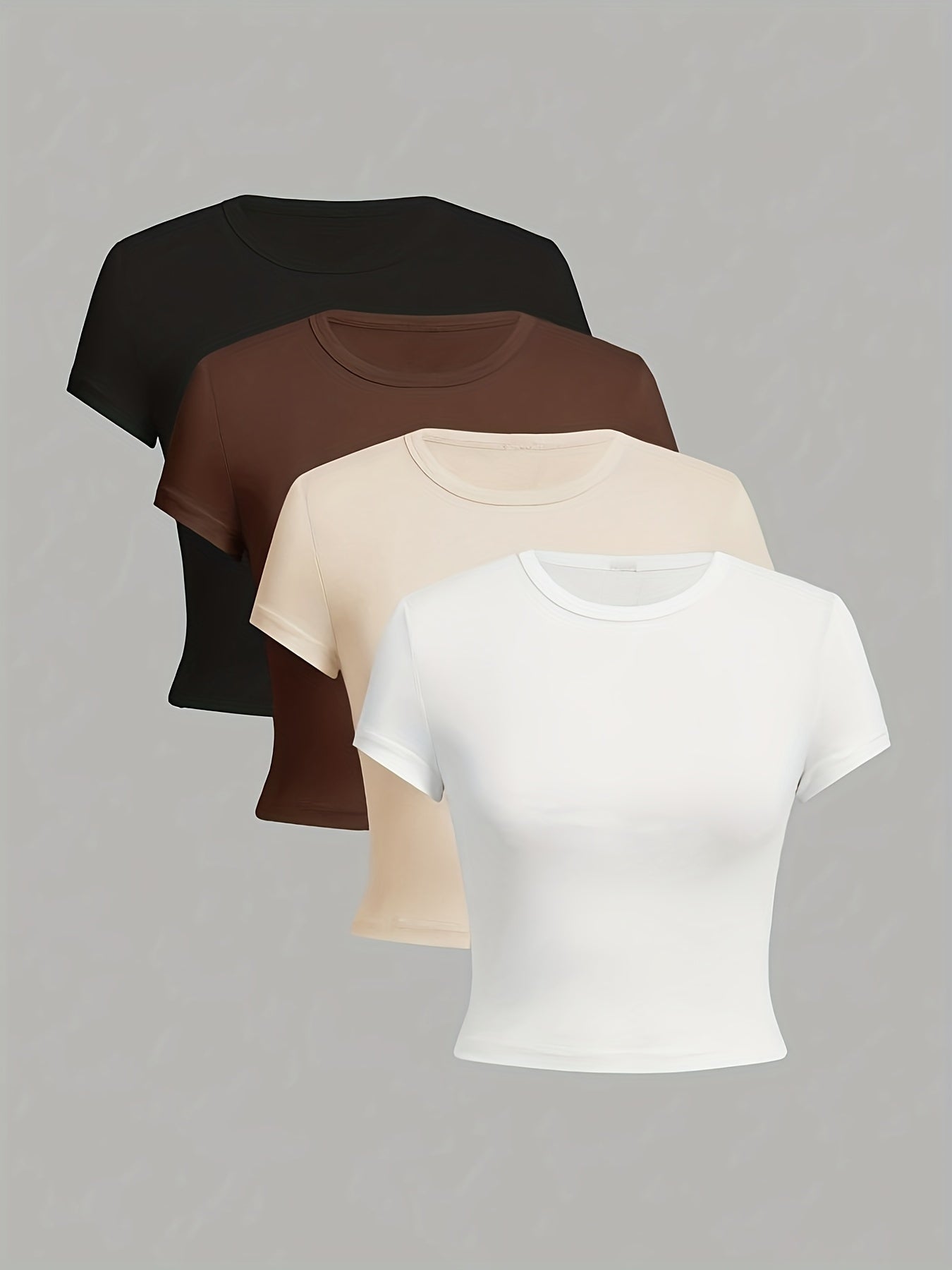 3 Pieces Crop T-shirts, Casual Crew Neck Short Sleeve T-Shirts For Spring & Summer, Women's Clothing