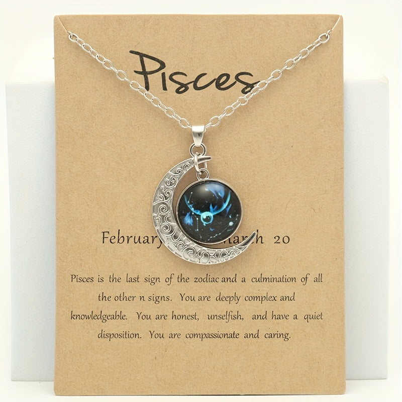 1pc Retro Glow-in-the-Dark Zodiac Moon Pendant Necklace - Vintage Style, Zinc Alloy with Glass Accents, Adjustable Chain for Women - Ideal for Daily Wear & Gifting, Zodiac Jewelry, Gift Jewelry, Vintage Jewelry, Durable Jewelry