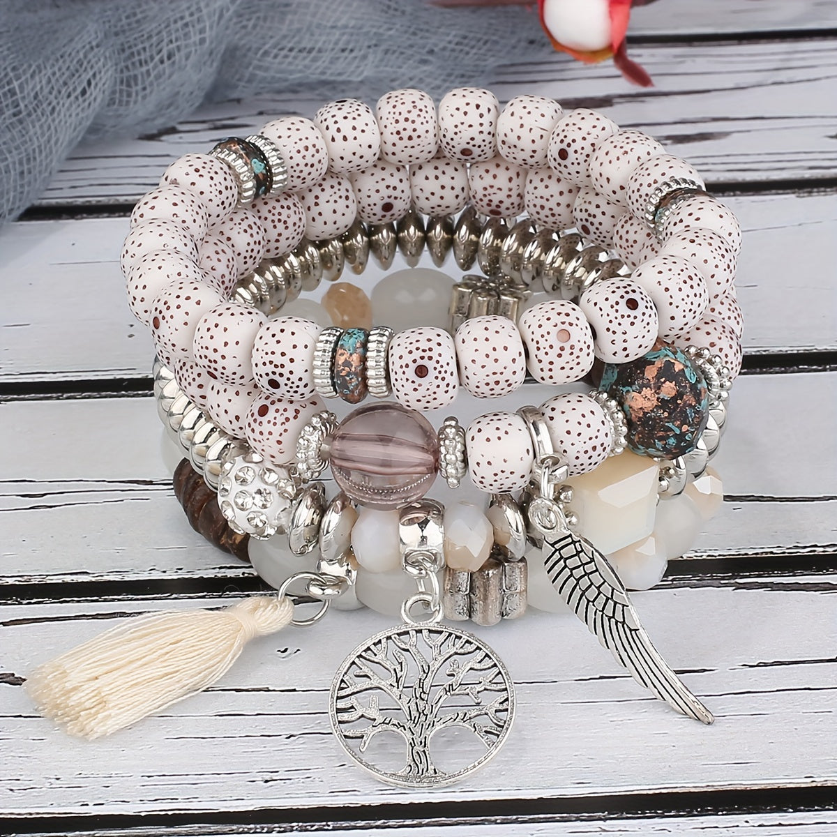 4pcs Bohemian Tree of Life & Feather Wing Pendant Bracelets - Handmade Acrylic Couples' Bangle with Tassels, Boho Style Jewelry for Men & Women, Romantic Gift Idea, Bohemian Jewelry, Handcrafted Bracelets