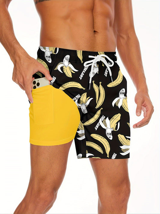 Men's Shark Pattern 2 In 1 Board Shorts With Drawstring And Pockets, Casual And Stylish Shorts For Summer Beach And Outdoors Wear