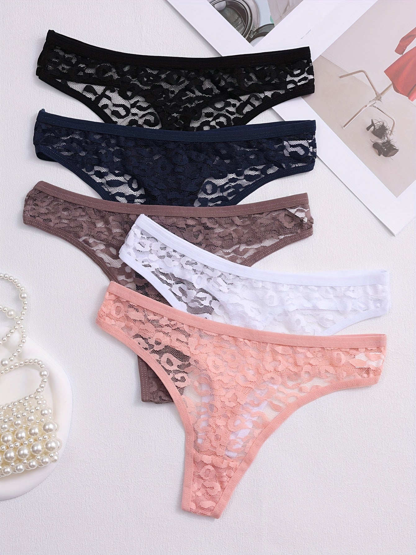5pcs for Women, Mid-Rise, Transparent Floral Design, Sexy Lingerie, Breathable Underwear In