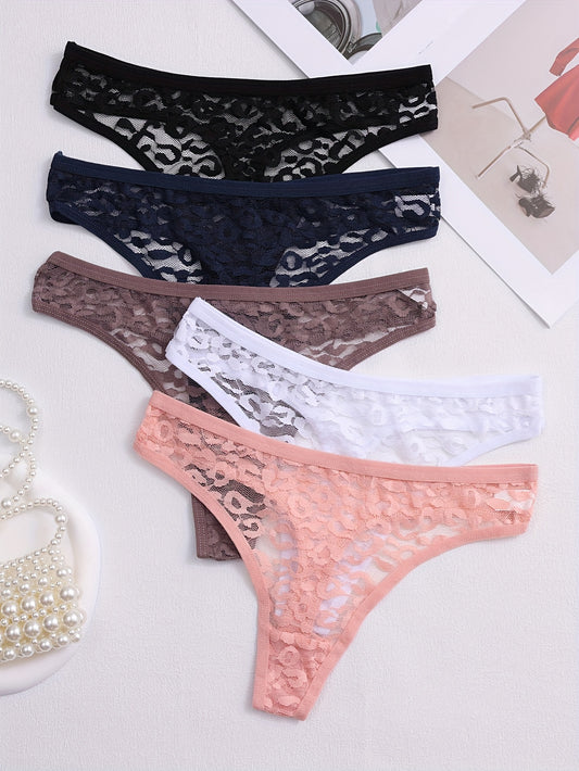 5pcs for Women, Mid-Rise, Transparent Floral Design, Sexy Lingerie, Breathable Underwear In