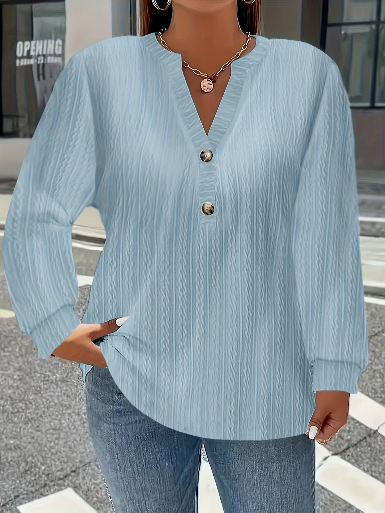 European And American Cross-Border Long-Sleeve Solid Color V-Neck Button T-Shirt Top