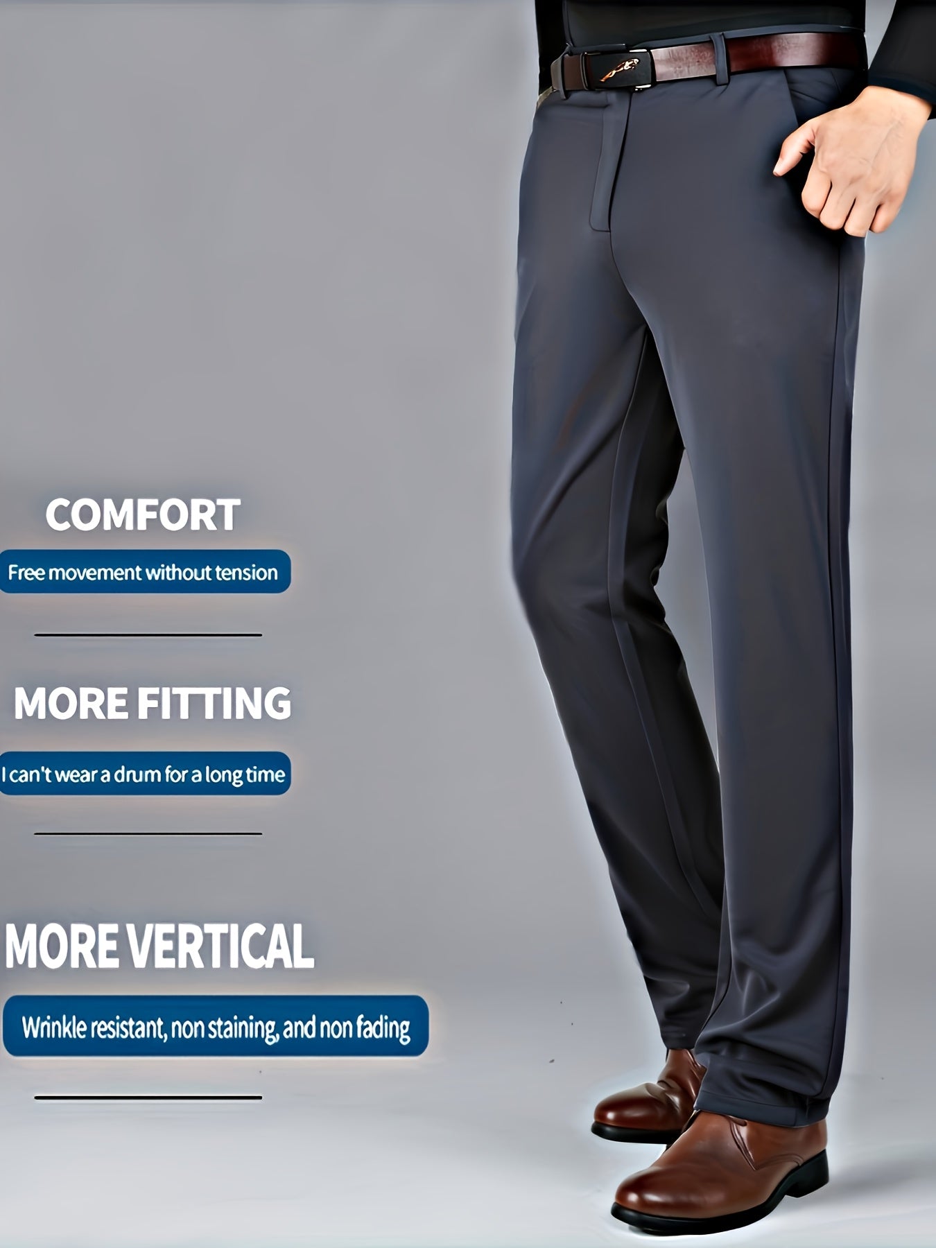 Men's Light Business Casual Straight-Leg Trousers - Ice Sliky Fiber Fabric, Solid Black, All-Season Regular Fit with Belt Loops & Button Closure for Office & Casual Attire, Business Casual Pants, Professional Attire, Modern Style, Smooth Texture, Corporat