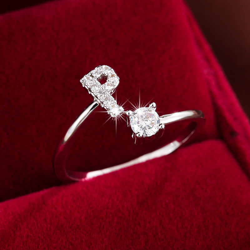 Fashionable 26 English Letters Four-Prong Synthetic Synthetic Zirconia Open Adjustment Ring