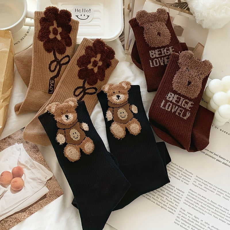 3 Pairs Women'S Mid-Calf Socks with Cartoon Bear & Floral Design - Ribbed, Soft Polyester Blend, Brown & Black, Perfect for Fall & Winter, Cute Socks