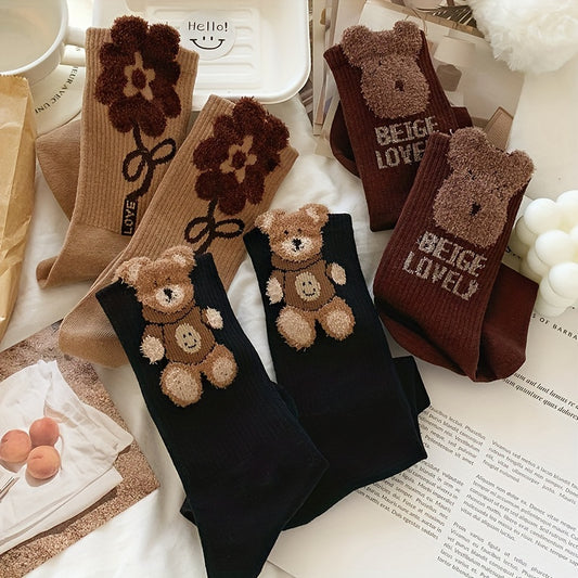 3 Pairs Women'S Mid-Calf Socks with Cartoon Bear & Floral Design - Ribbed, Soft Polyester Blend, Brown & Black, Perfect for Fall & Winter, Cute Socks