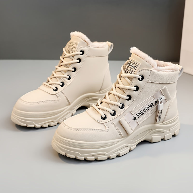 Women'S Plush Lined Ankle Boots, Winter Warm Lace Up High Top Sneakers, Thermal Outdoor Short Boots