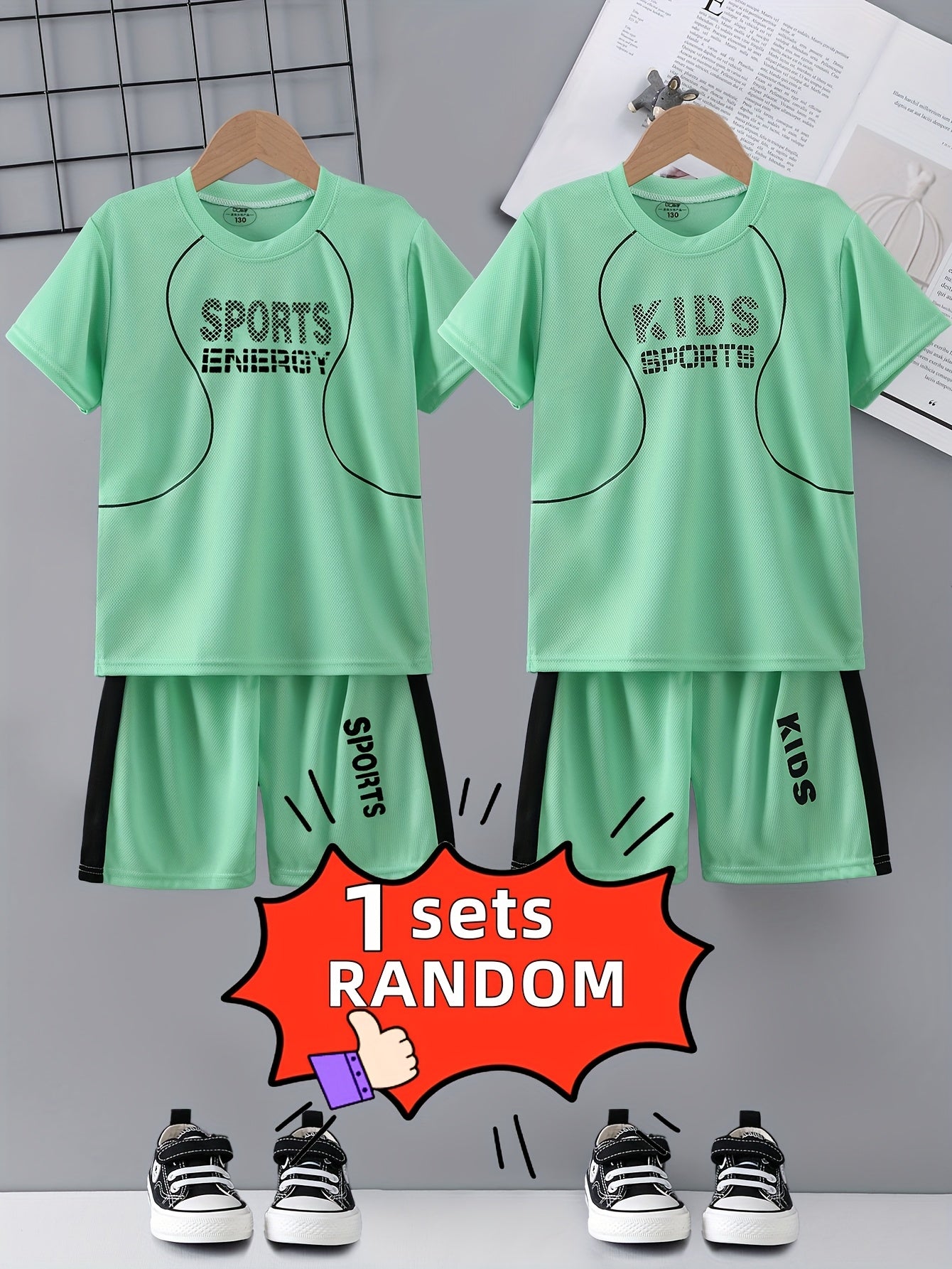 Two-piece Children's Quick-drying Sports Suit, Short-sleeved Shorts, KIDS SPORTS Letter Printed T-shirt, Lightweight And Comfortable, Quick-drying Fabric, Sports Suit