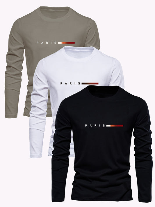3pcs Men's 100% Cotton Oversized Long Sleeve T-Shirts - Minimalist Paris Letter Print & Red Paris Logo Design, Round Neck Casual Streetwear Layering Essential in Beige/White/Black | Spring/Fall Casual Attire, Versatile Layering Basic Tops with Relaxed Fit