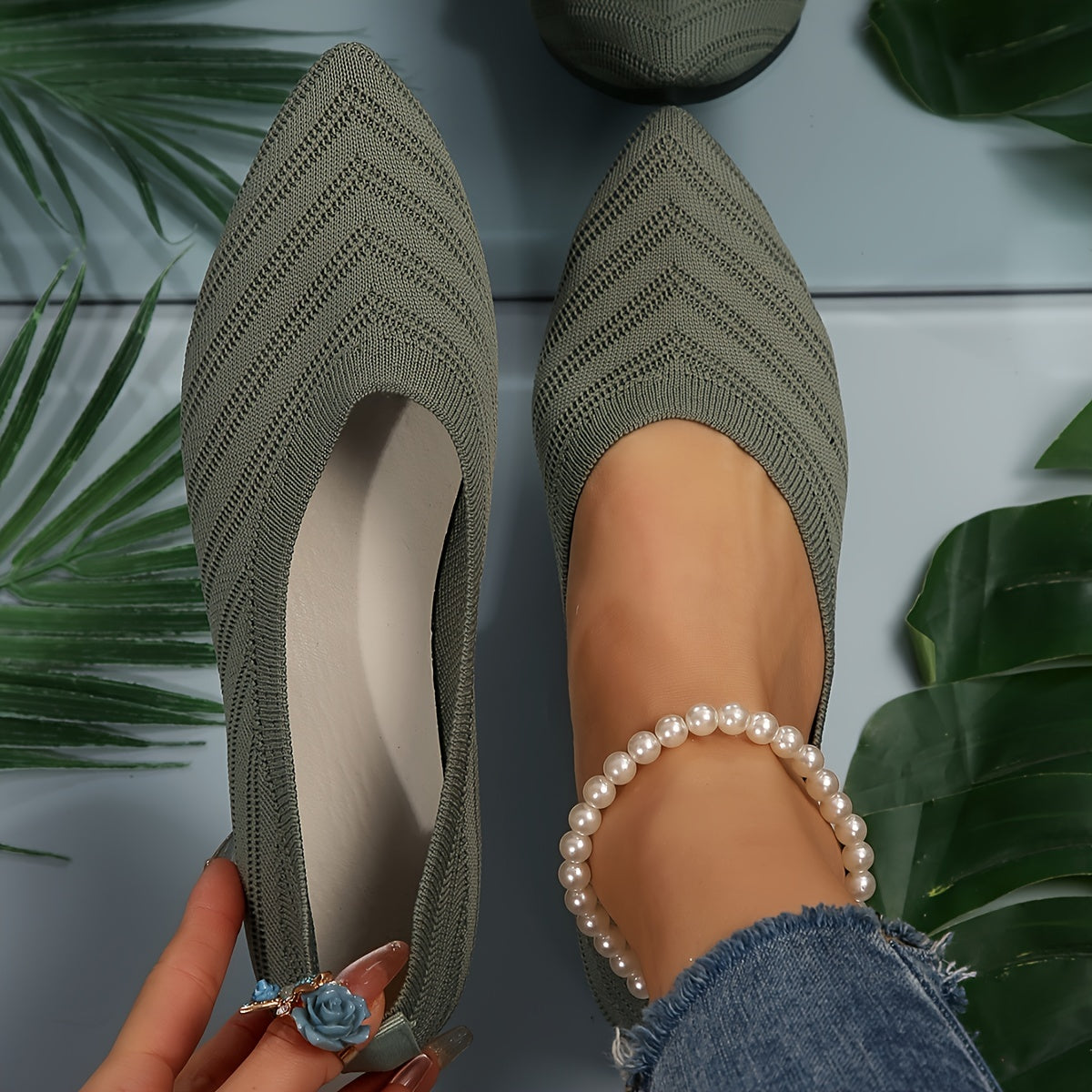 Women's Pointed Toe Flat Shoes, Solid Color Knitted Slip On Shoes, Casual Breathable Ballet Flats