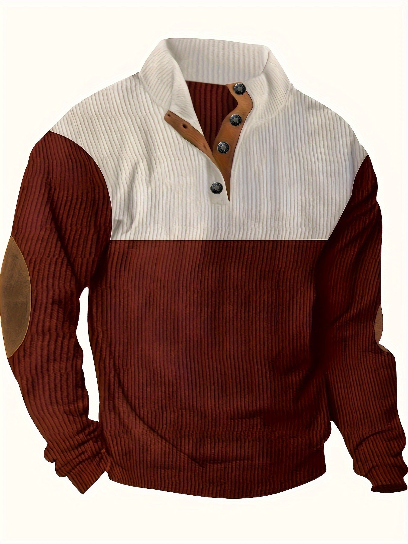 Retro Color Block Knitted Ribbed Sweater, Men's Casual Warm Mid Stretch Stand Collar Pullover Sweater For Men Fall Winter