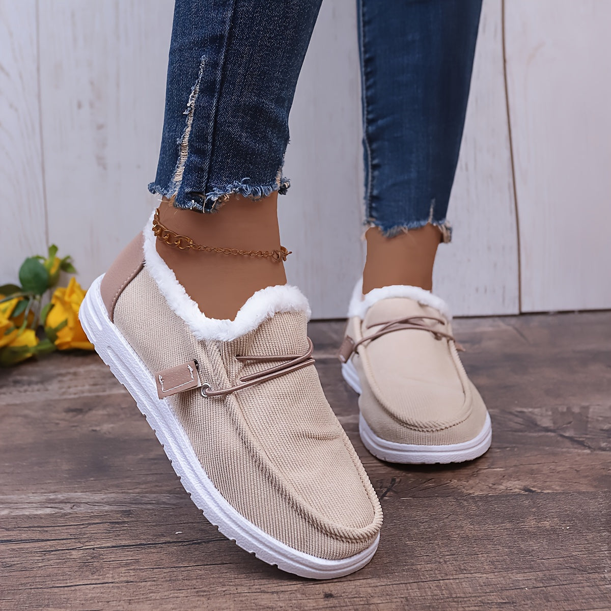 Women's Winter Warm Boots with Plush Corduroy Lining & TPR Sole - Round Toe Ankle Boots in Beige, Black, Light Blue, Brown | Cozy Casual Shoes for Cold Weather