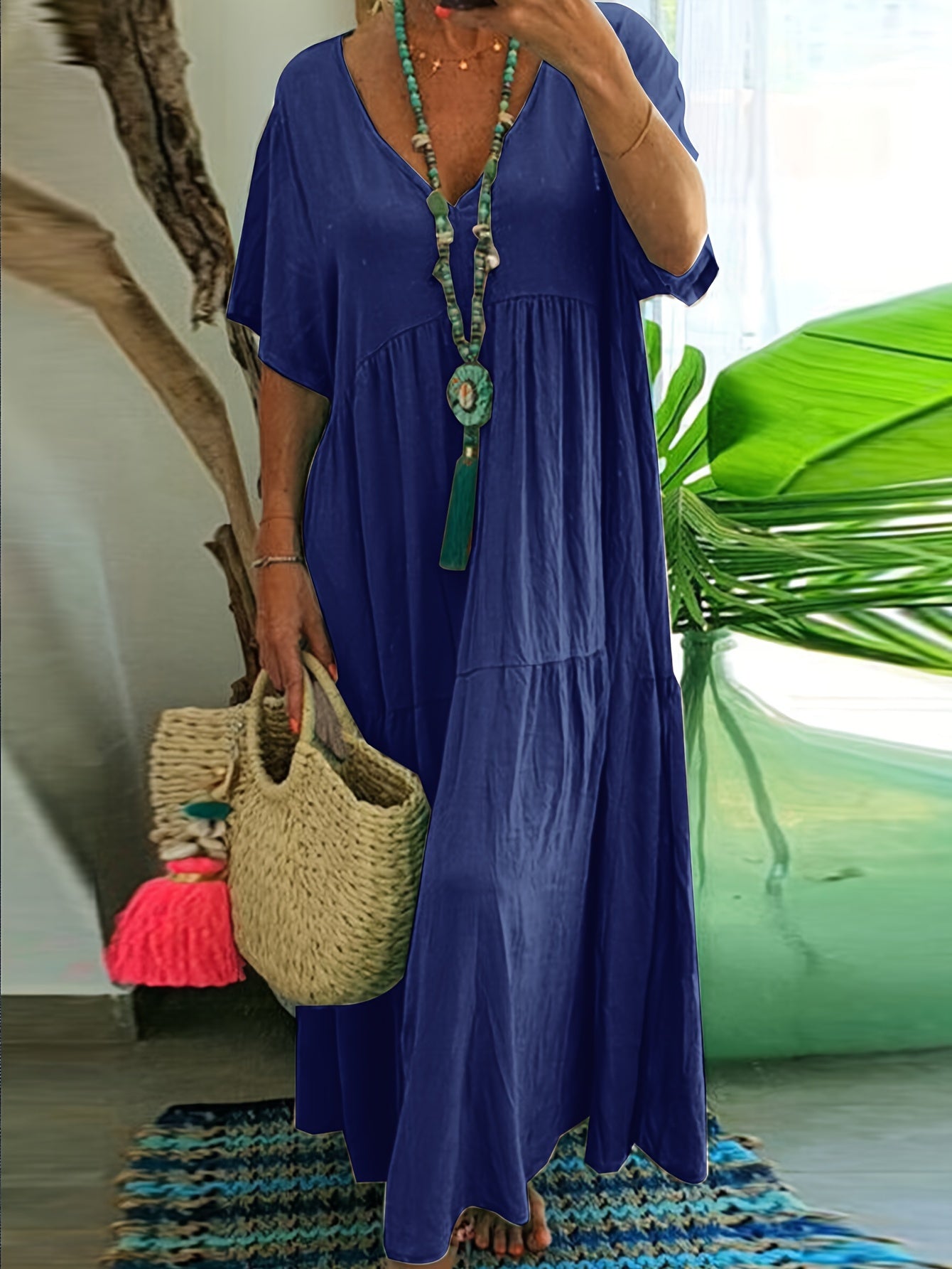 Plus Size - Women'S Plus Size A-Line Pleated Maxi Dress - V-Neck, Short Sleeve, Solid Color, Light Blue & White Stripes, Summer Elegance, Casual Style, Casual Summer Dress | Vneck Dress | Pleated Detailing, Plus Size Dress