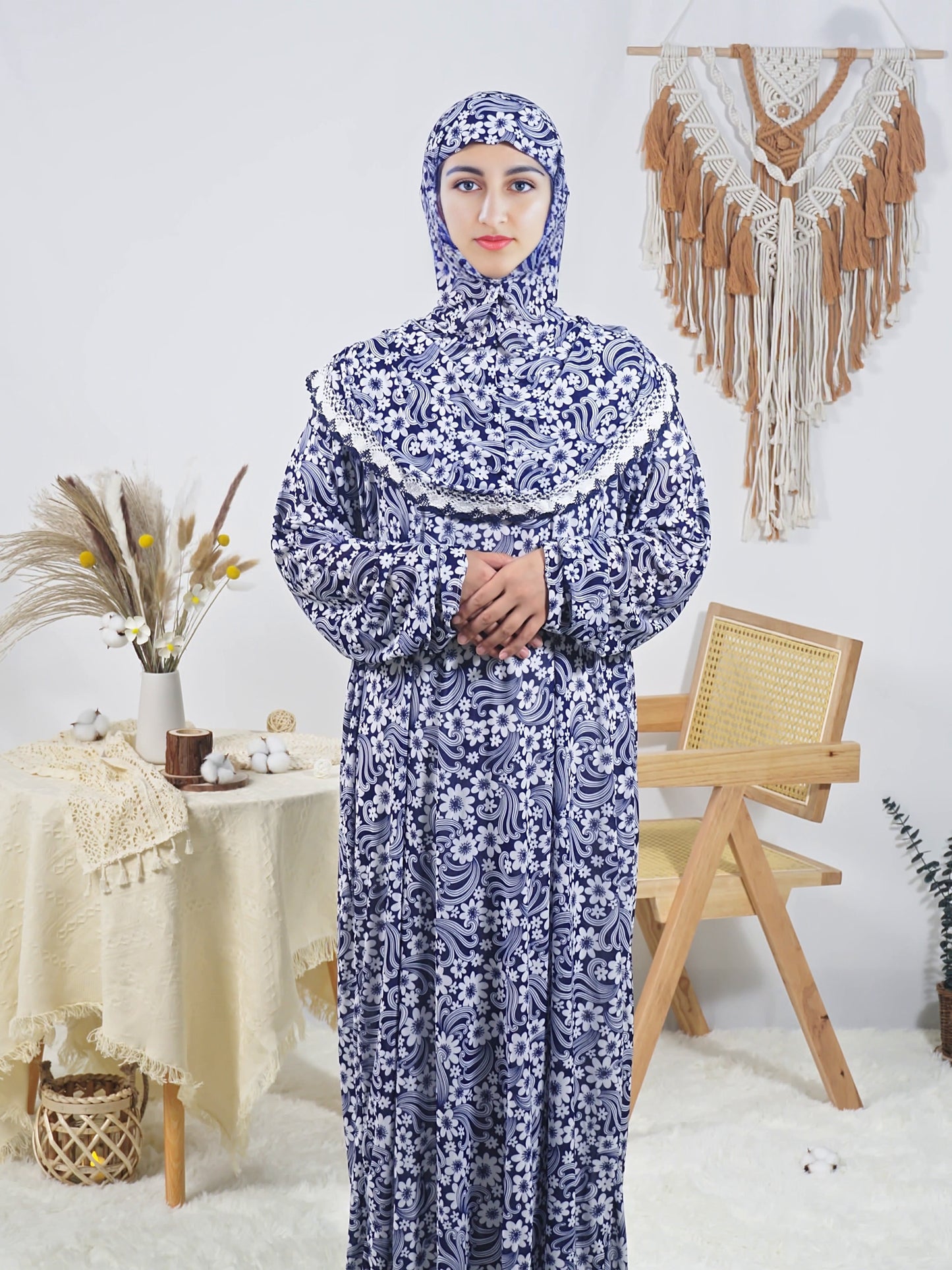 Floral Print Long Robe for Women, Comfortable Loose-Fit Prayer Dress, Ramadan Special, Polyester with Elastane, Machine Washable