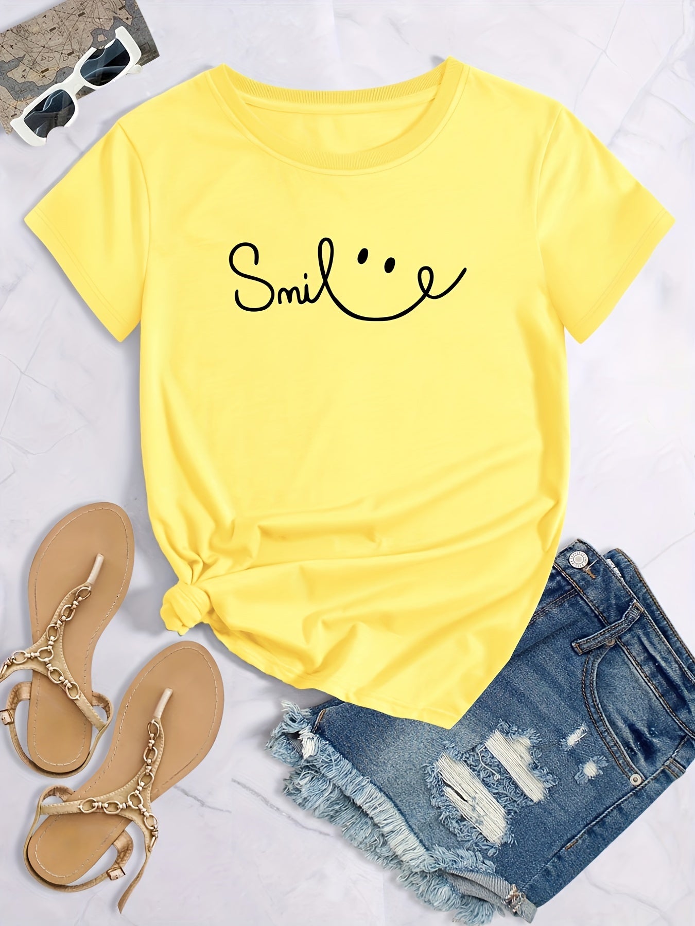 Plus Size Face Print Short Sleeve T-shirt, Women's Plus Slight Stretch Round Neck Casual Tee