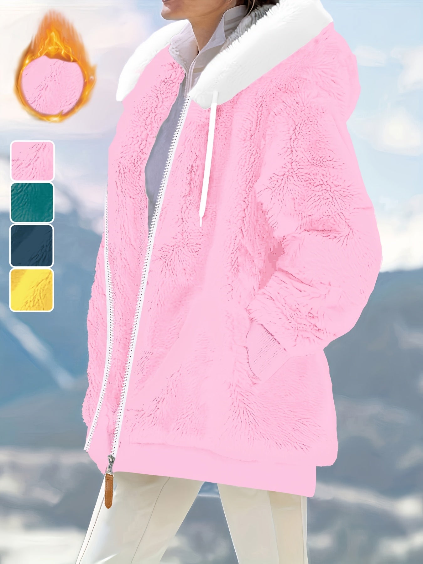 Plus Size - Women'S Cozy Fleece-Lined Hooded Jacket - Oversized Zip-Up with Drawstring, White, All-Season Comfort, Casual Style, Casual Winter Wear | Oversized Hooded Jacket | Zippered Hoodie, Winter Hoodie