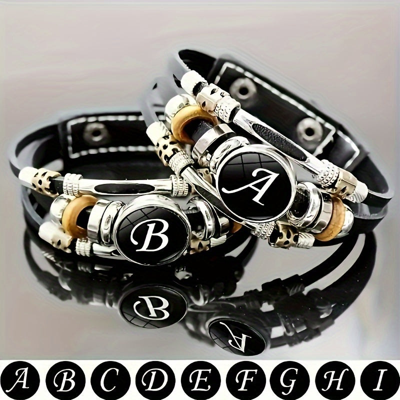 1pc Multilayer Braided Bangle Punk Style A-Z Bangle With 26 Alphabet PU Leather Bracelets With Identification Name For Men And Women