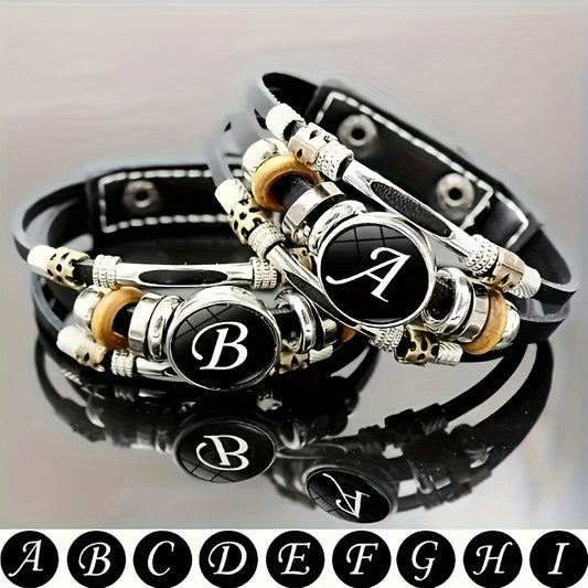 1pc Multilayer Braided Bangle Punk Style A-Z Bangle With 26 Alphabet PU Leather Bracelets With Identification Name For Men And Women