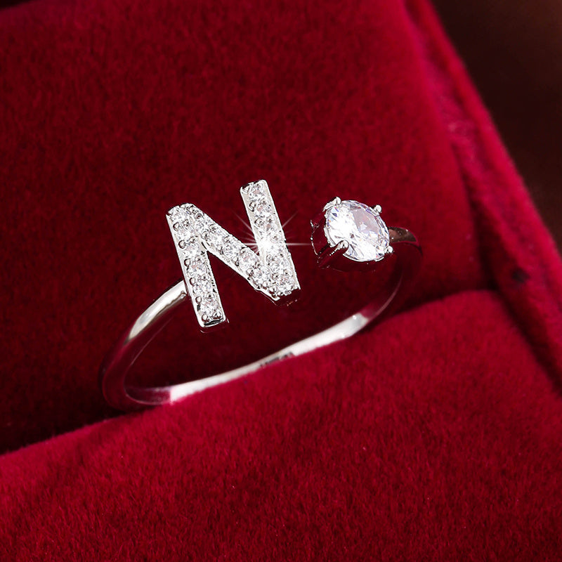 Fashionable 26 English Letters Four-Prong Synthetic Synthetic Zirconia Open Adjustment Ring