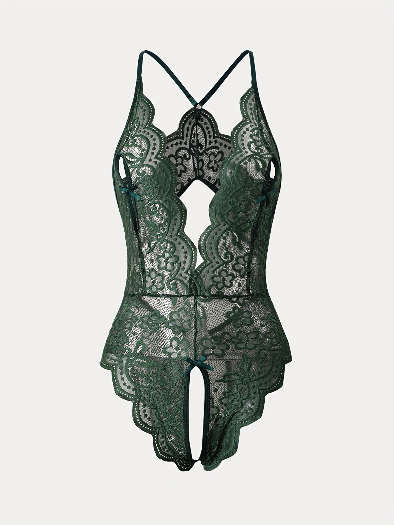 Floral Lace Scallop Trim Teddy, Plunging Halter Backless Open Crotch Bodysuit, Women's Sexy Clothing