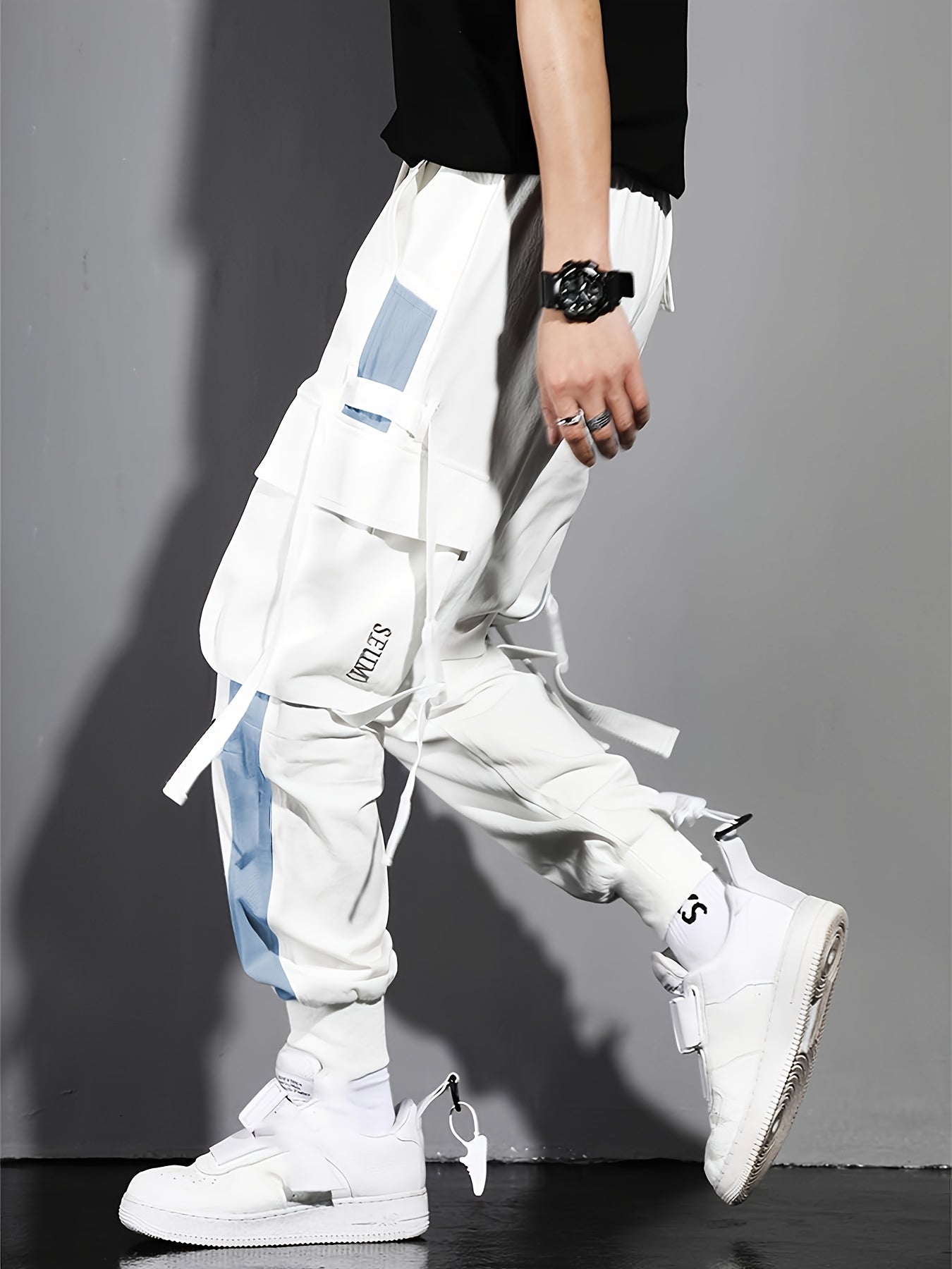 Multi-Pocket Ribbon Design, Summer Breathable Thin Color Block Overalls for Men, Fashionable And Comfortable Jogging Pants