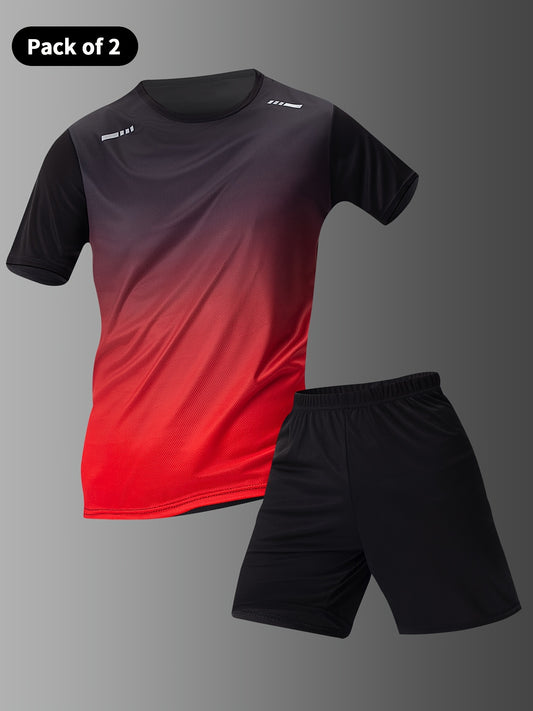 2-piece Men's Casual Sportswear Set, Gradient Short Sleeve Crew Neck T-shirt & Solid Elastic Waist Shorts For Summer Sports Activities