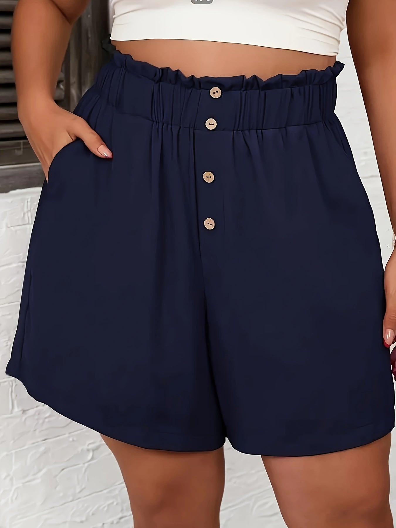 Plus Size Button Front Wide Leg Shorts, Casual Slant Pocket Elastic Waist Shorts, Women's Plus Size Clothing