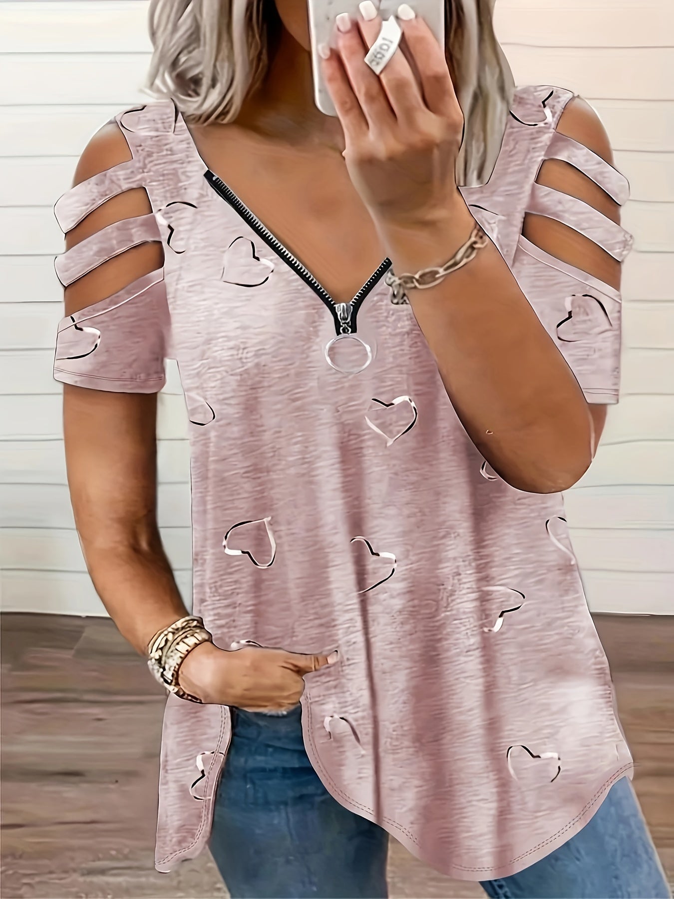 2021 European And American Cross-Border Wish Foreign Trade Women'S Clothing V-Neck Zipper Printed Short-Sleeve Loose Casual T-Shirt for Women