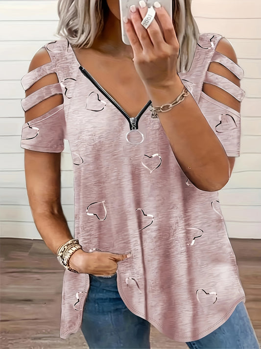 2021 European And American Cross-Border Wish Foreign Trade Women'S Clothing V-Neck Zipper Printed Short-Sleeve Loose Casual T-Shirt for Women