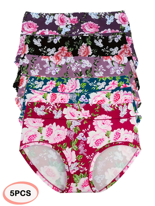 5 Pack Women's Elegant Panties Set, Plus Size Floral Print High Rise Breathable Soft Briefs 5pcs Set