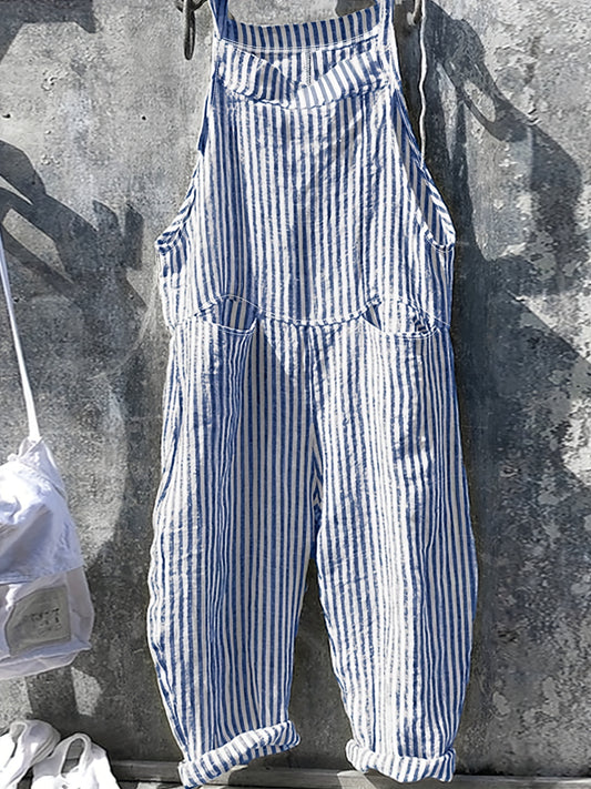 Plus Size Stripe Print Straight Leg Jumpsuit, Casual Pocket Sleeveless One Piece Jumpsuit, Women's Plus Size Clothing