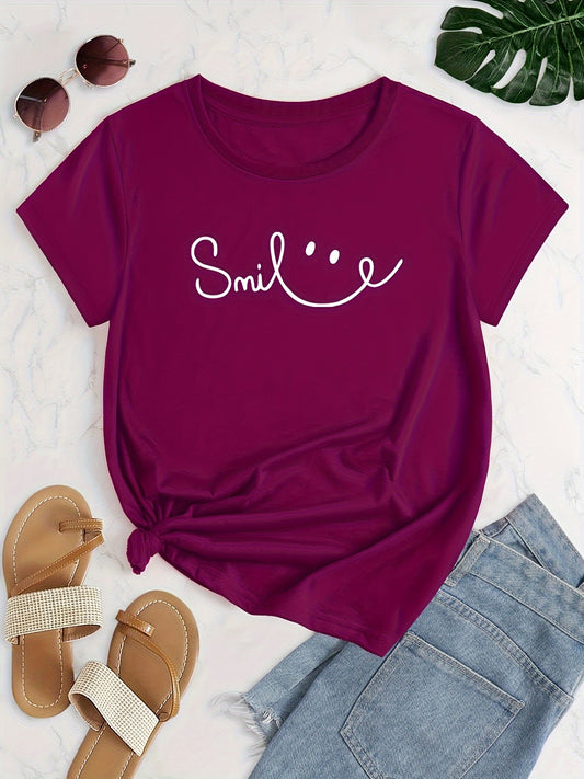 Plus Size Face Print Short Sleeve T-shirt, Women's Plus Slight Stretch Round Neck Casual Tee