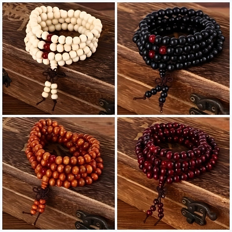 1/2pcs 108 Beads 8mm/0.31'' Natural Sandalwood Character Wood Prayer Beaded Knot Black Ebony Bracelets Bangles for Men Wooden Jewelry