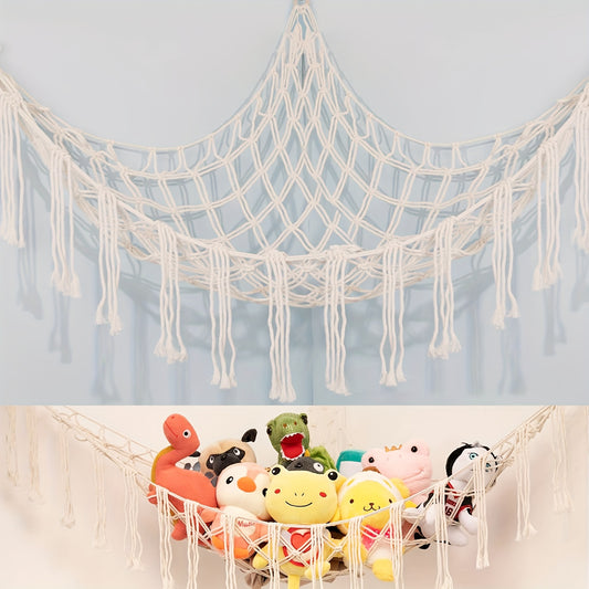 Large Cotton Stuffed Animal Hammock - Jumbo Plush Toy Storage Net Organizer for Kids Room Decor - Nursery Wall Bedroom Home Organizer with 3 Hooks Included - White