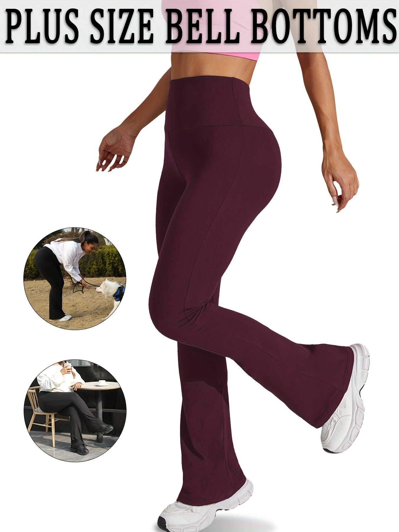 Women's Plus Size High Waisted Flare Leggings - Stretchy Non-See-Through Yoga Pants with Wide Waistband, Tummy Control Workout & Casual Pants Pink - Machine Washable All-Season Trousers for Everyday & Formal Outfits, Bellbottom Style, Comfortable Fit, Wom