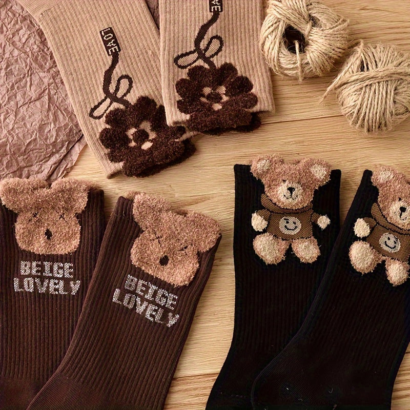 3 Pairs Women'S Mid-Calf Socks with Cartoon Bear & Floral Design - Ribbed, Soft Polyester Blend, Brown & Black, Perfect for Fall & Winter, Cute Socks