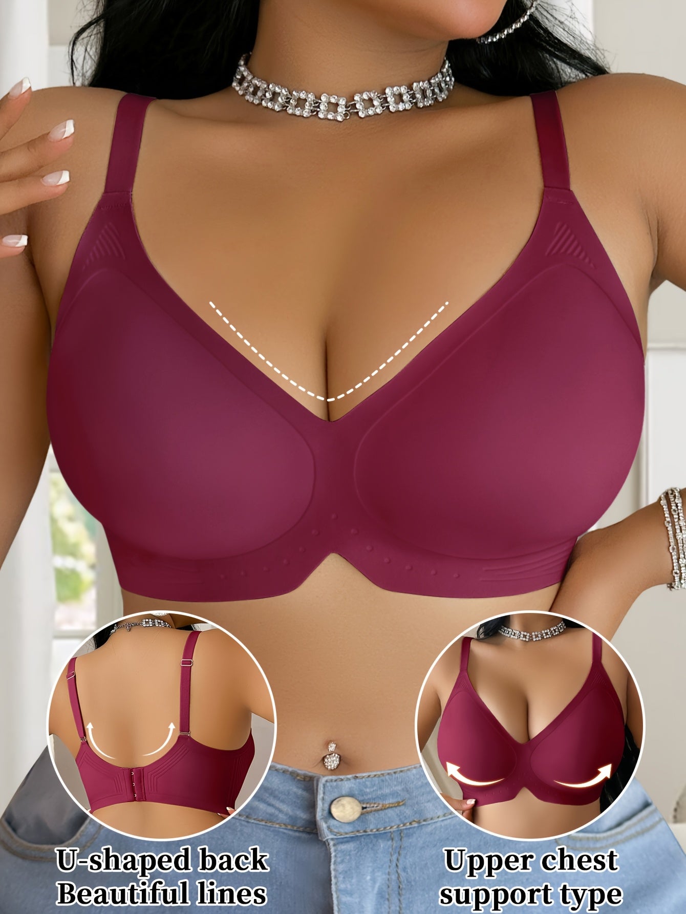 Women'S Plus Size V-Neck Seamless Jelly Strip Bra - Soft, Supportive, and Wireless with Removable Pads, Breathable and Comfortable for Everyday Wear, Everyday Bra|Snug Fit Bra|Comfortable Wear Bra, Plus Size Bra