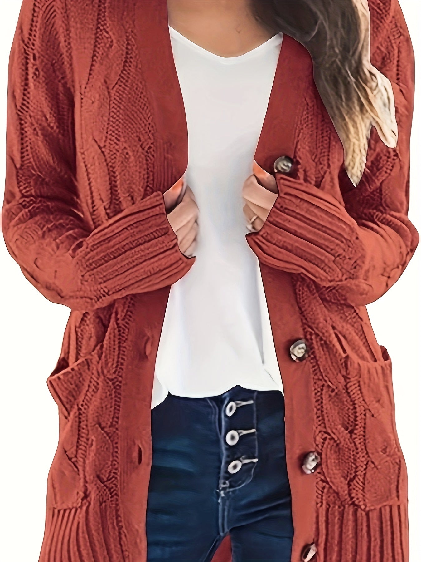 Plus Size Casual Cardigan, Women's Plus Cable Knit Long Sleeve Button Up High Stretch Cardigan With Pockets