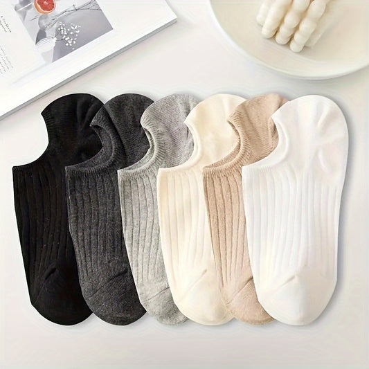 6 Pairs Solid Pinstripe Boat Socks, Simple Comfy & Breathable Socks, Women's Stockings & Hosiery