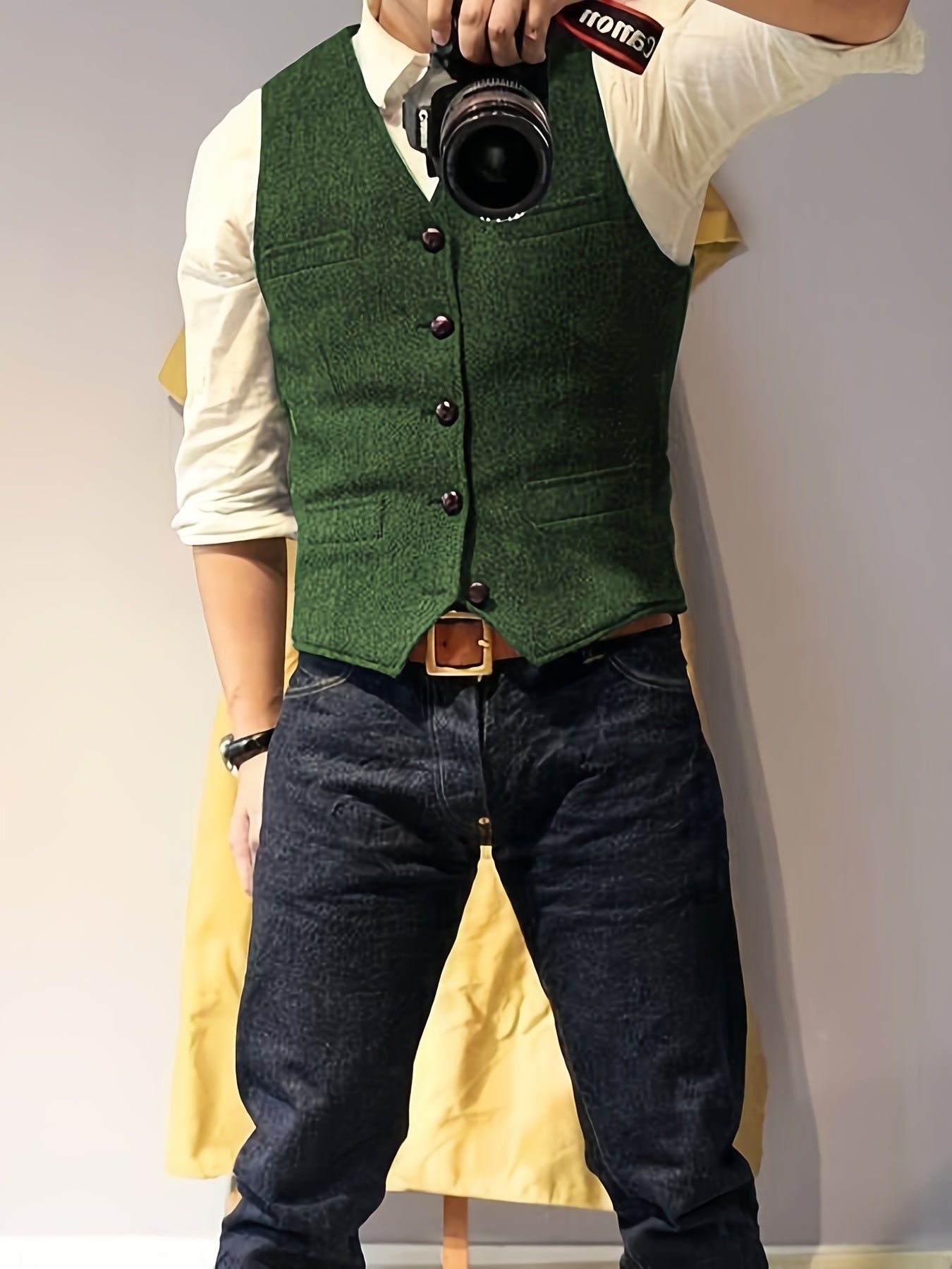 Men's Vintage Herringbone Tweed Vest - Western Cowboy Style, Gray Wool Blend with Button Front & Side Pockets for Weddings, Parties, Golf, Fishing, and Hunting
