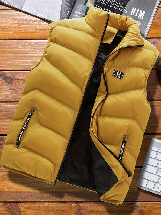 Warm Winter Vest, Men's Casual Zipper Pockets Stand Collar Zip Up Vest For Fall Winter